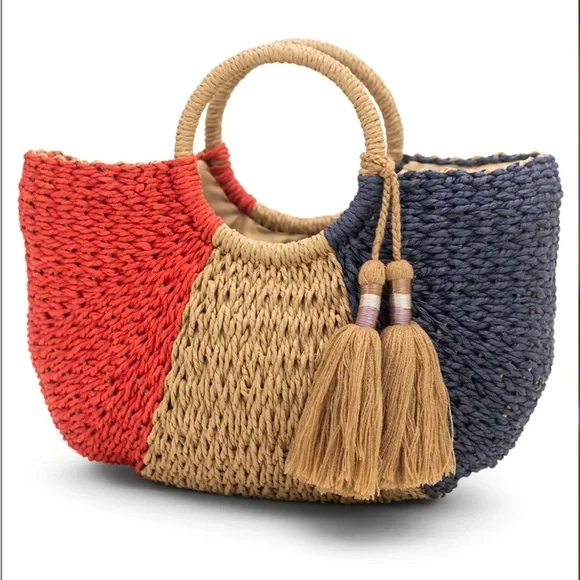 MERSEA - BON BON BAG - NAVY/RED - Summer Straw Bag with Tassels. Coastal - Picture 4 of 7